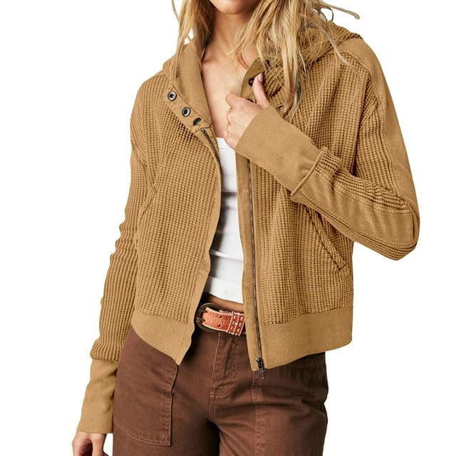 Yuyuzo Womens Coats Long Sleeve Hooded Drawstring Button Zipper Cropped Jackets Fall Casual Solid Color Tops Blouse