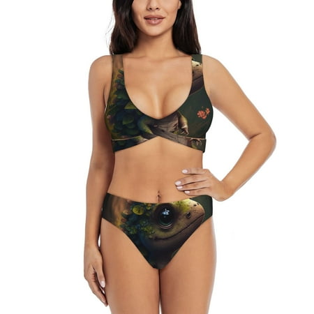 Zeuib Cute Leaf Animal High Waisted Tummy Control Bikini Set - Knot Front Push Up Top & Cheeky Thong Bottom  Two-Piece Swimsuit for Women-XX-Large