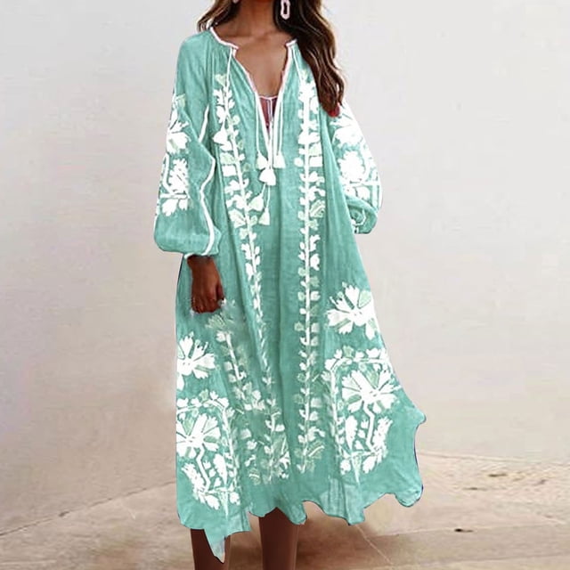 LSLJS Robe Longue Ample à Imprimé Floral Col en V Manches Longues Bandage Bohème Plage, Robe d'Été Plage