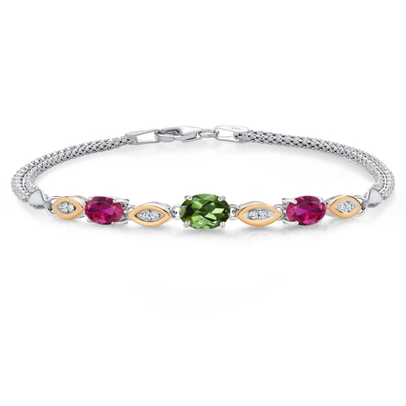 925 Silver and 10K Yellow Gold Green Tourmaline and Red Created Ruby and White Lab Grown Diamond Bracelet for Women (1.76 Cttw, Gemstone October Birthstone, Oval, Wheat Chain, 7 inches)