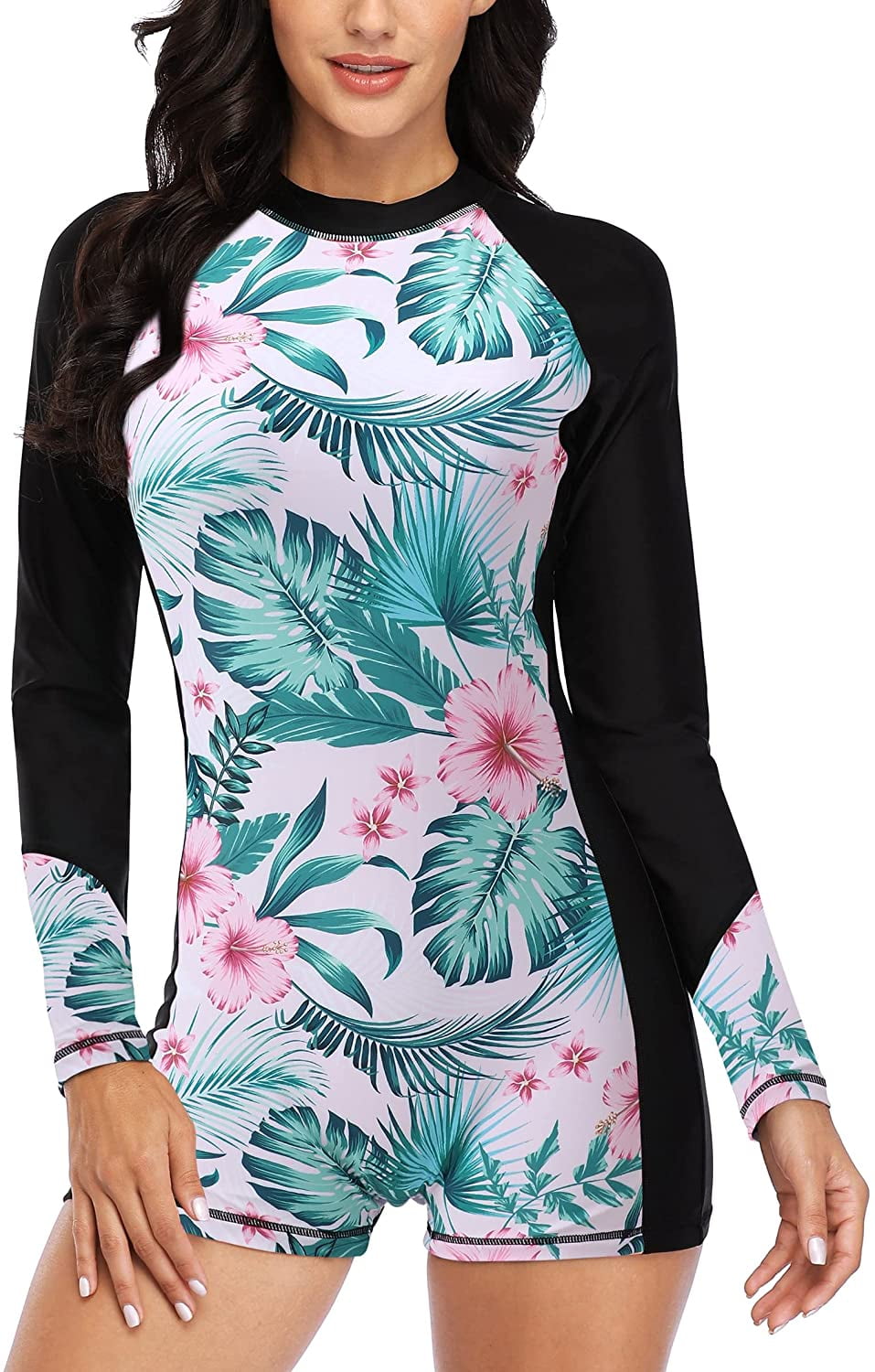 Women's Long Sleeve Rashguard Boyshort One Piece Swimsuits Zip Up