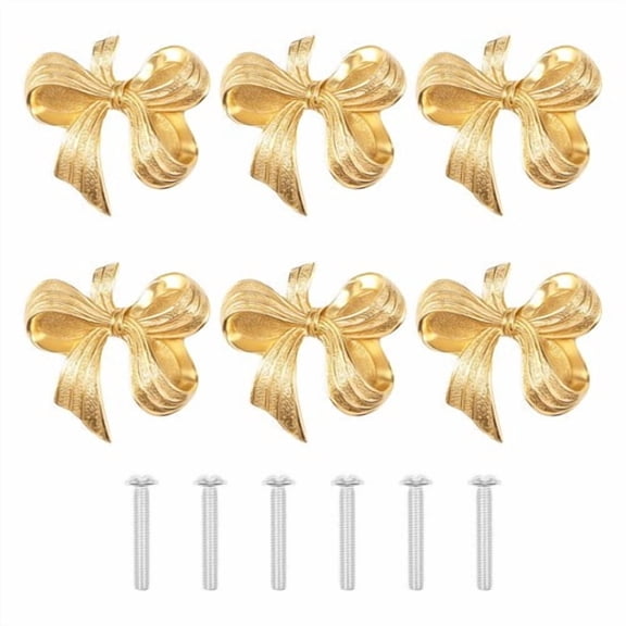 NUAHRHY 6pcs Bow Shape Drawer Knobs Gold Brass Cabinet Pulls with Screws Decorative Cupboard Handles for Dresser Wardrobe Drawer Cabinet