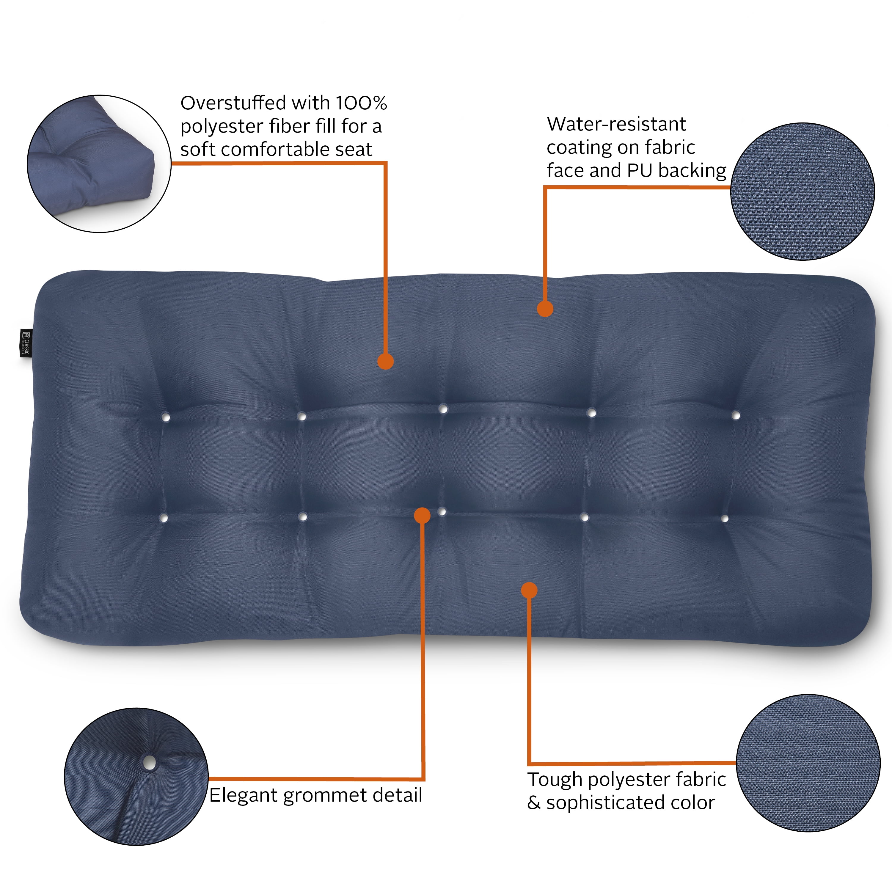 Classic Accessories 42 x 18 x 5 in. Thick Rectangular Indoor & Outdoor Bench Cushion, Navy