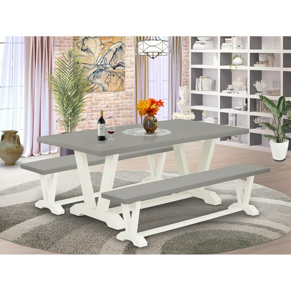 East West Furniture V2-097 3 Piece Kitchen Dining Table Set - 1 Cement Wood Table and 2 Wood Bench - Stable and Durable Construction - Linen White Finish