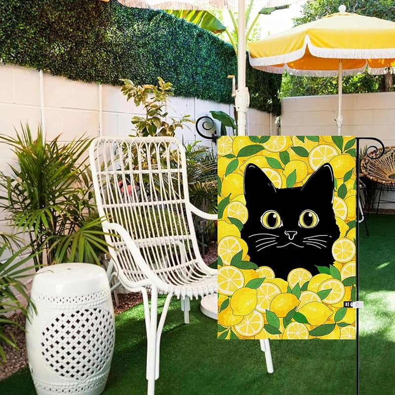 Summer Funny Black Cat Garden Flag Double Sided Summer Lemon Fruit Welcome Small Yard Flag Burlap Seasonal Farmhouse Outside Outdoor Decoration