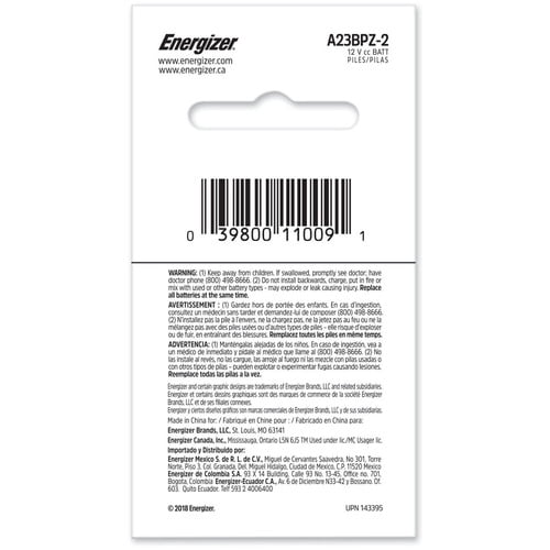 Energizer A23 Batteries, 2 Pack - For Multipurpose - 12 V DC - Alkaline Manganese Dioxide - 2 / Pack Energizer A23 Batteries, 2 Pack - For Multipurpose - 12 V DC - Alkaline Manganese Dioxide - 2 / Pack