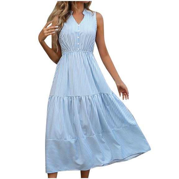 Henpk Summer Dresses for Women Striped T Shirt Dress Casual Midi Dress Short Sleeve Sundress with Pockets Sexy Fashion Casual Slim Casual Sleeveless V-Neck Dress Blue XL