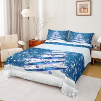 Manfei Girly Blue Tree Twin Sheet Sets, Cartoon Winter Snowflake Twin Fitted Sheet, Merry Christmas Theme Flat Sheet, Luxury Bedroom Decor, 3 Pieces