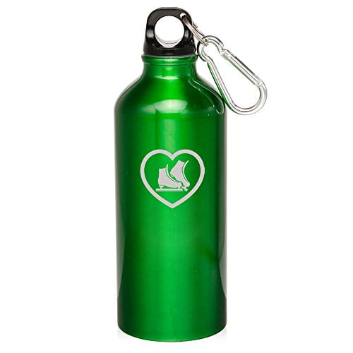 20oz Aluminum Sports Water Bottle Caribiner Clip Heart Ice Skates (Green) by