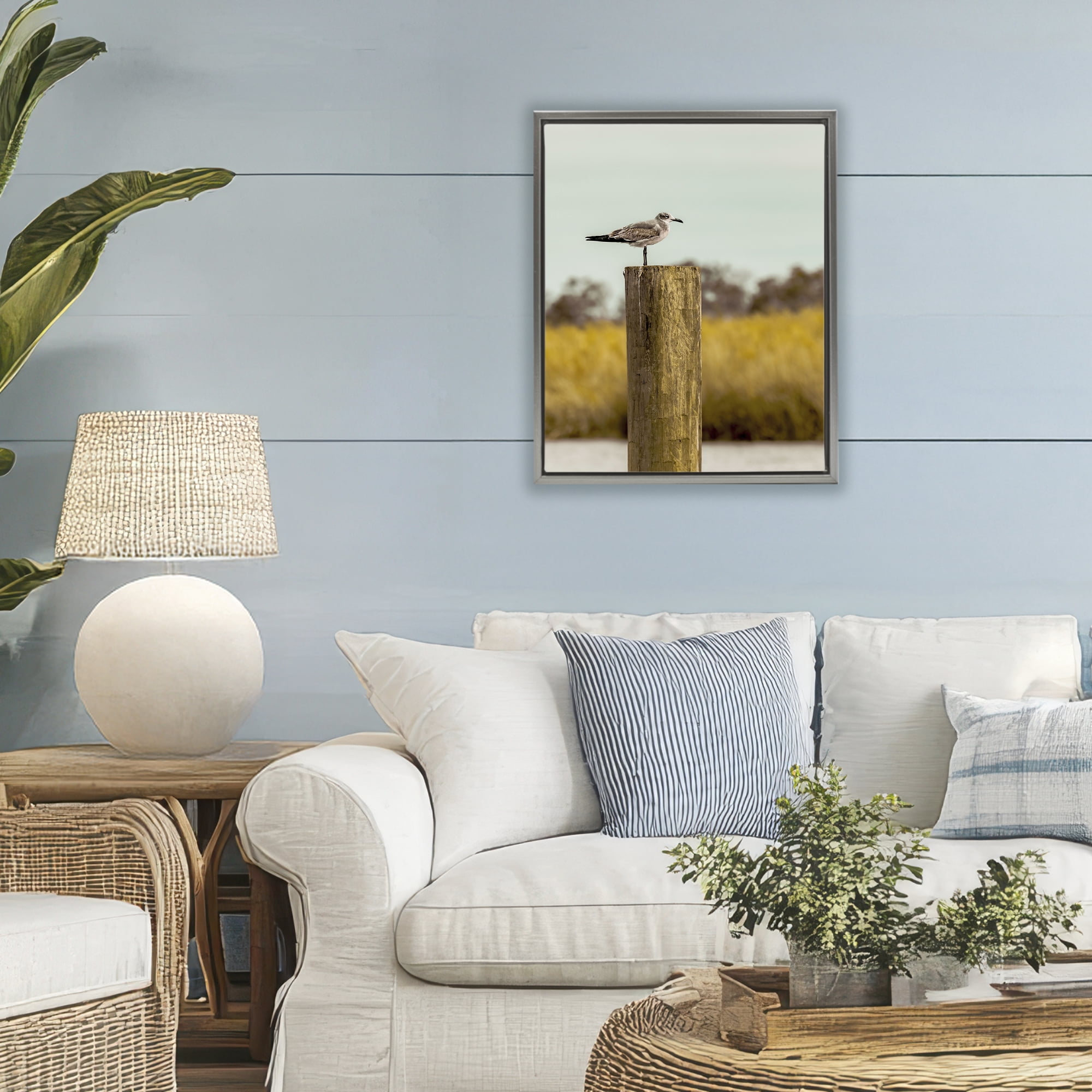 Stupell Industries Gull On Piling Gray Framed Floater Canvas Wall Art, design by Christy Berry
