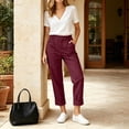 thumbnail image 5 of VBVC Women's Cotton Linen Cuffed Chino Pants , Straight Leg Trousers For Women , Ladies' High Waisted Work Pants with Pockets, Wine , S-3XL, 5 of 9