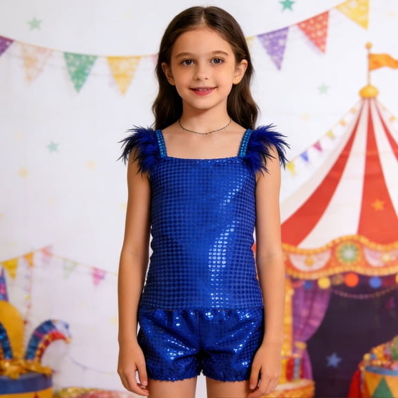 SONGGE Toddler Girls Glam Performance Outfit Sets Square Collar Sequin Sleeveless Tops And Shorts For Stage Show Party Cartoon Breathable Clothes Sets
