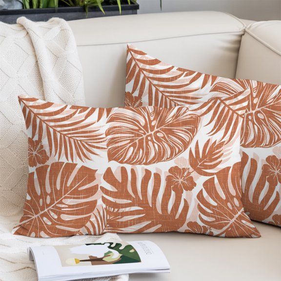 Terracotta Monstera Throw Pillow Cover, Pillowcase Protectors with Zipper, Breathable Decorative Lumbar Pillow Case Cover, Palm Tree Leaf Boho Botanical Tropical Pillow Shams for Couch Sofa 16x24Inch