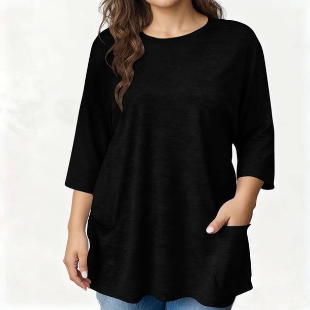 TaTaai Casual 3/4 Sleeve Blouse, Women's Round Neck Top with Pocket Detail, Soft Summer Wear, Versatile All Season Outfit, Perfect Daily and Work Attire Gift