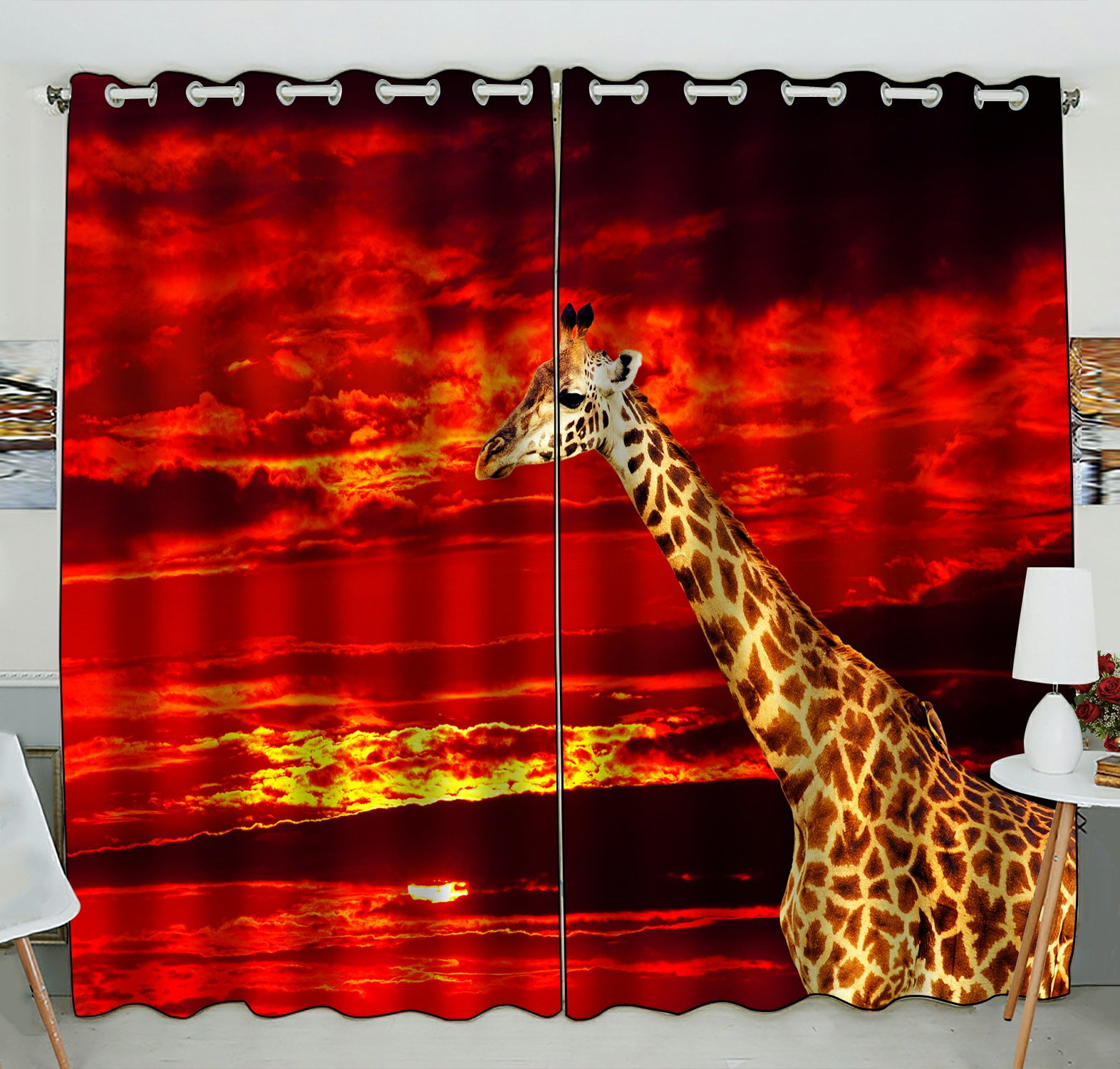 PHFZK Wild African Safari Window Curtain, Animal Giraffe against Red