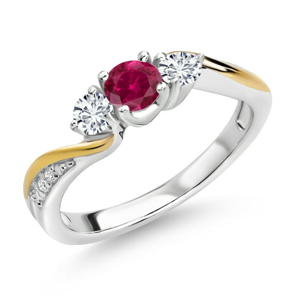 Gem Stone King 925 Sterling Silver and 10K Yellow Gold Red Created Ruby and White Lab Grown Diamond 3 Stone Engagement Ring for Women (0.48 Cttw, Gemstone July Birthstone, Size 9)