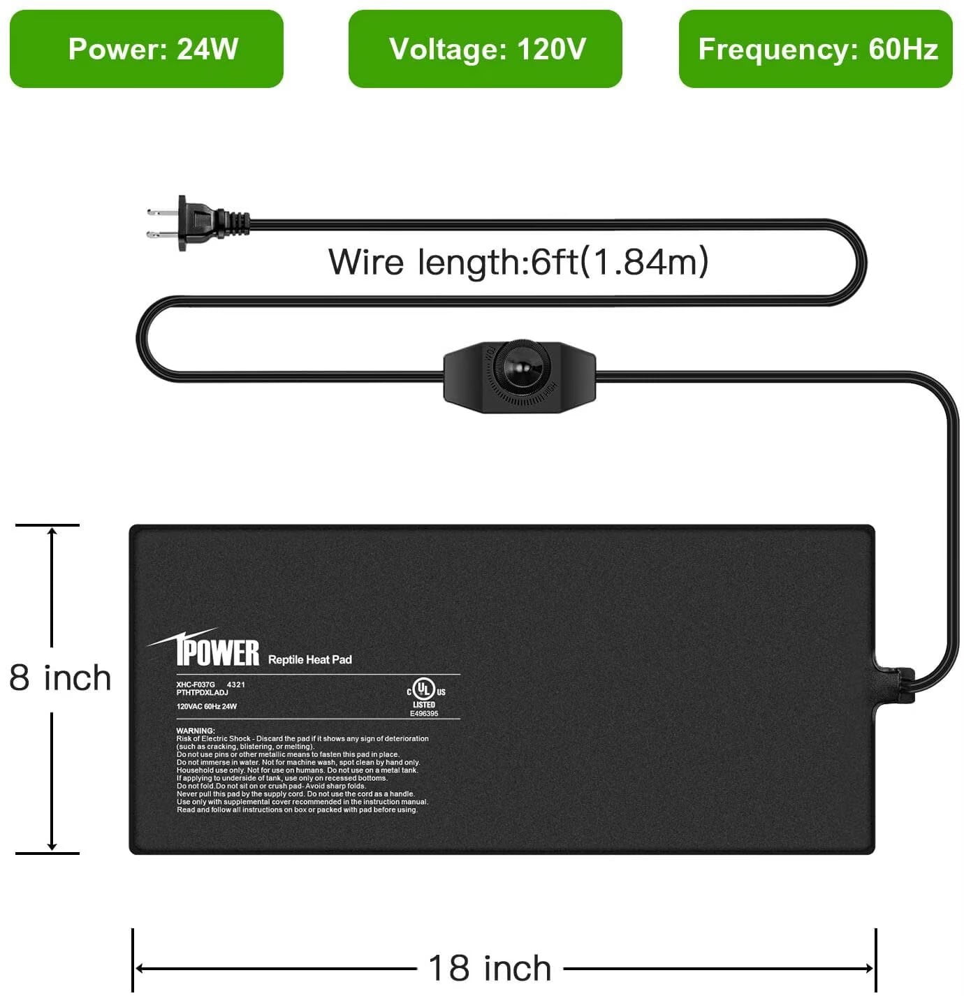 iPower 8" X 18" Reptile Heat Mat - 24W Under Tank Heater with Adjustable Thermostat for Turtles, Snakes, Lizards & Amphibians, 2 Pack