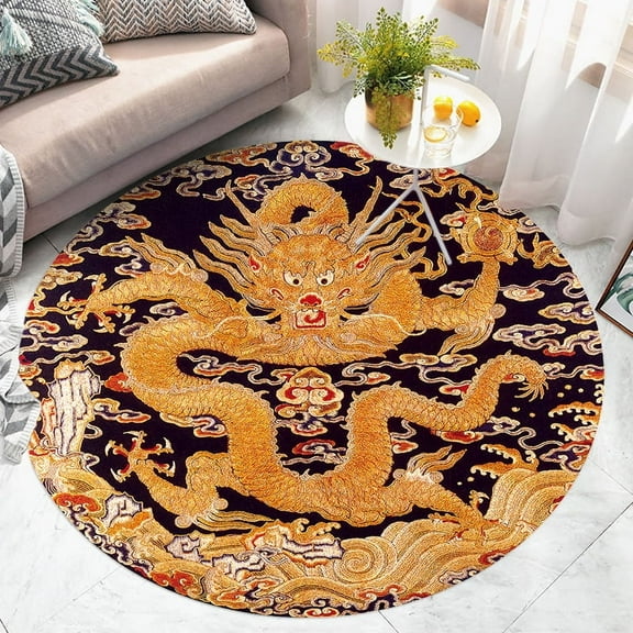 Retro Style Round Dragon Pattern Carpet Living Room Cradle Non-slip Floor Mat Home Rugs For Bedroom Decoration