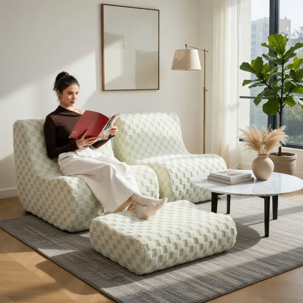 Hommoo Teddy Velvet Bean Bag Chair Set with Ottoman, High-Rebound Foam, Machine-Washable Cover, Non-Slip Base, No Assembly Needed, Green