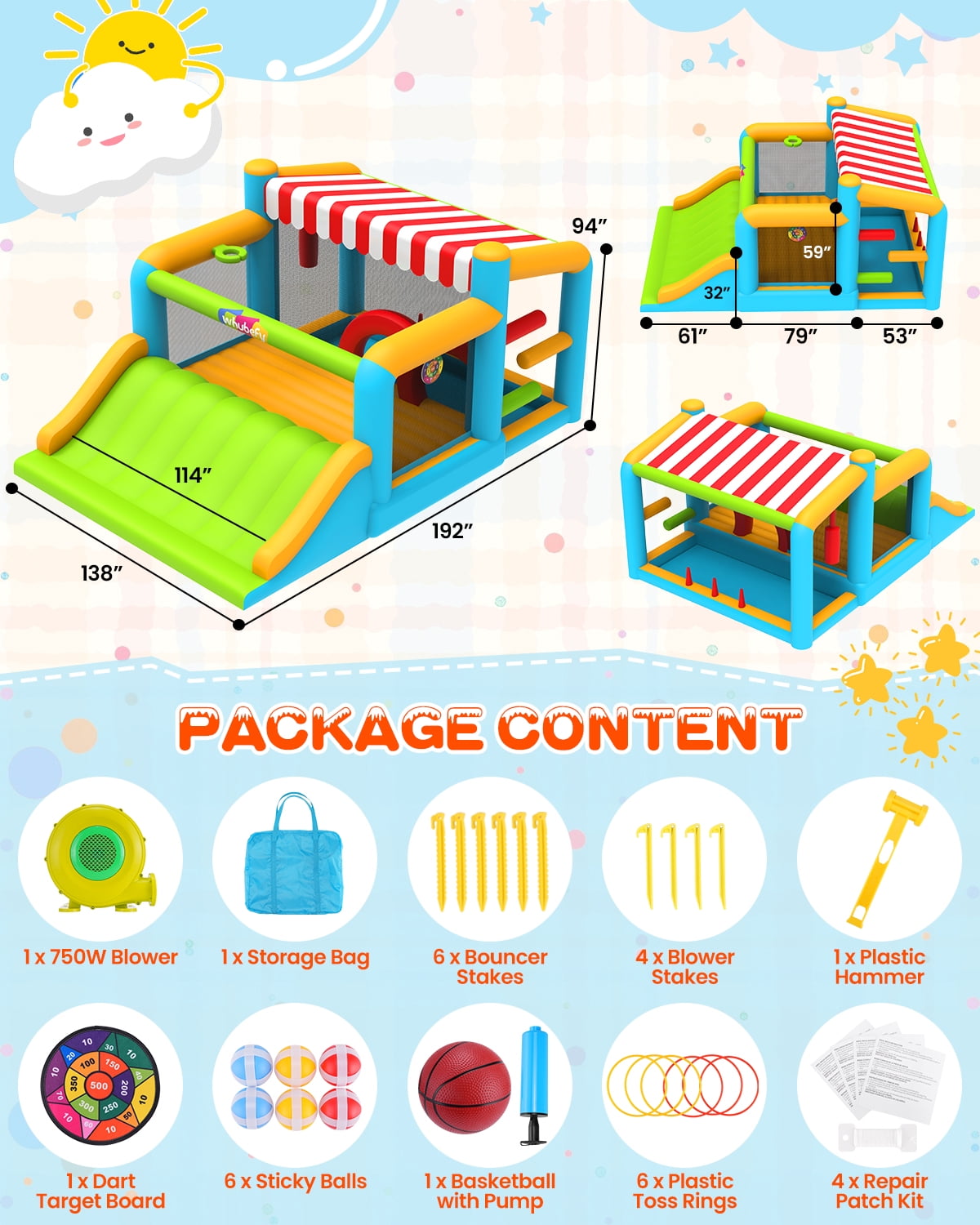 Veeboto Inflatable Bounce House 9-in-1 Multi-Functional, Water Slide with Ball Pool, Darts, Ring Toss, Punching Bag, and Obstacle Course, Indoor/Outdoor Kids Bouncy Castle Includes Blower