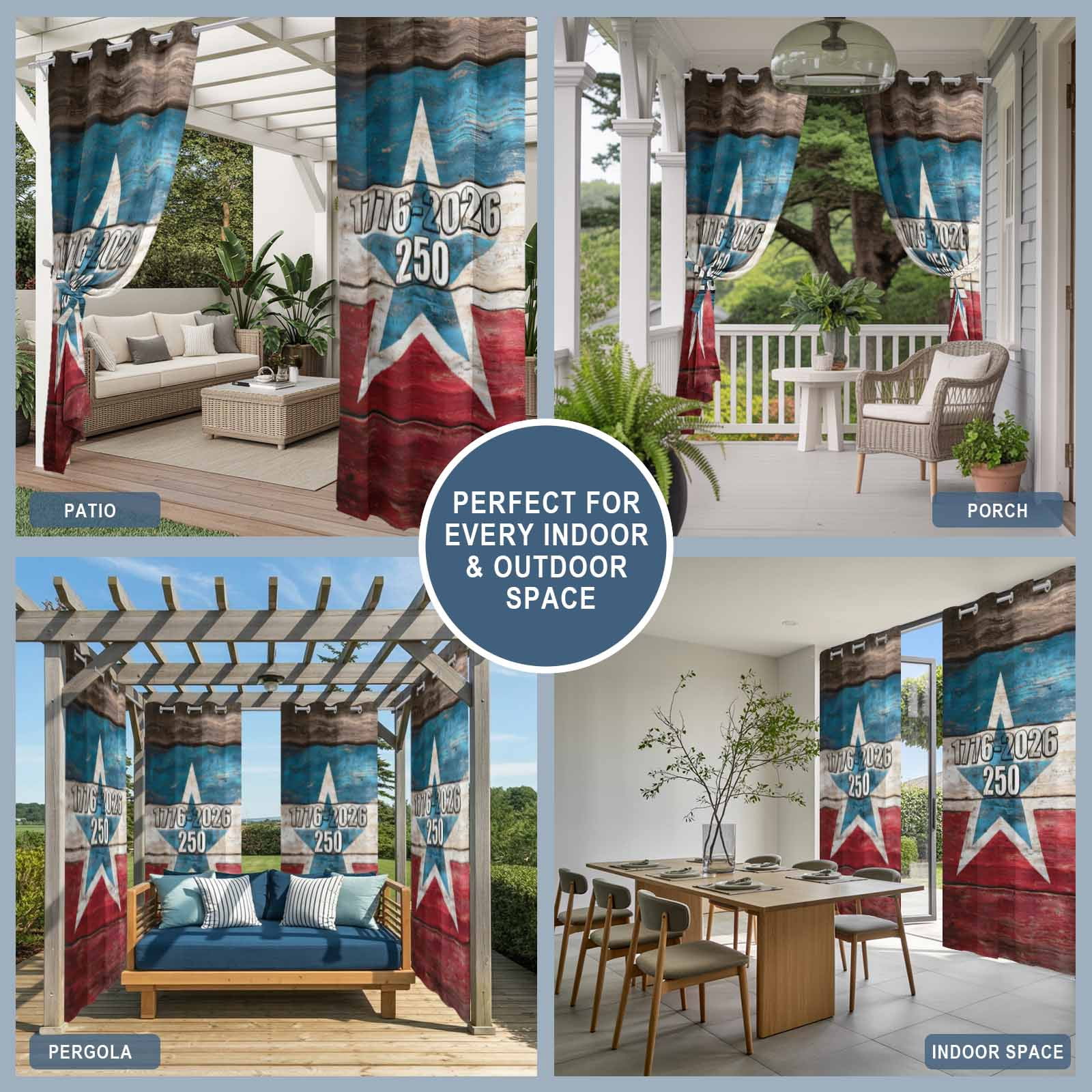 Independence Day Outdoor Curtains for Patio, America Years Vintage Country Red Blue Wood Grain Sunshade Privacy Drapes Grommet Waterproof Outside Curtains for Porch/Cabana/Balcony 54"x 108", 1 Panel