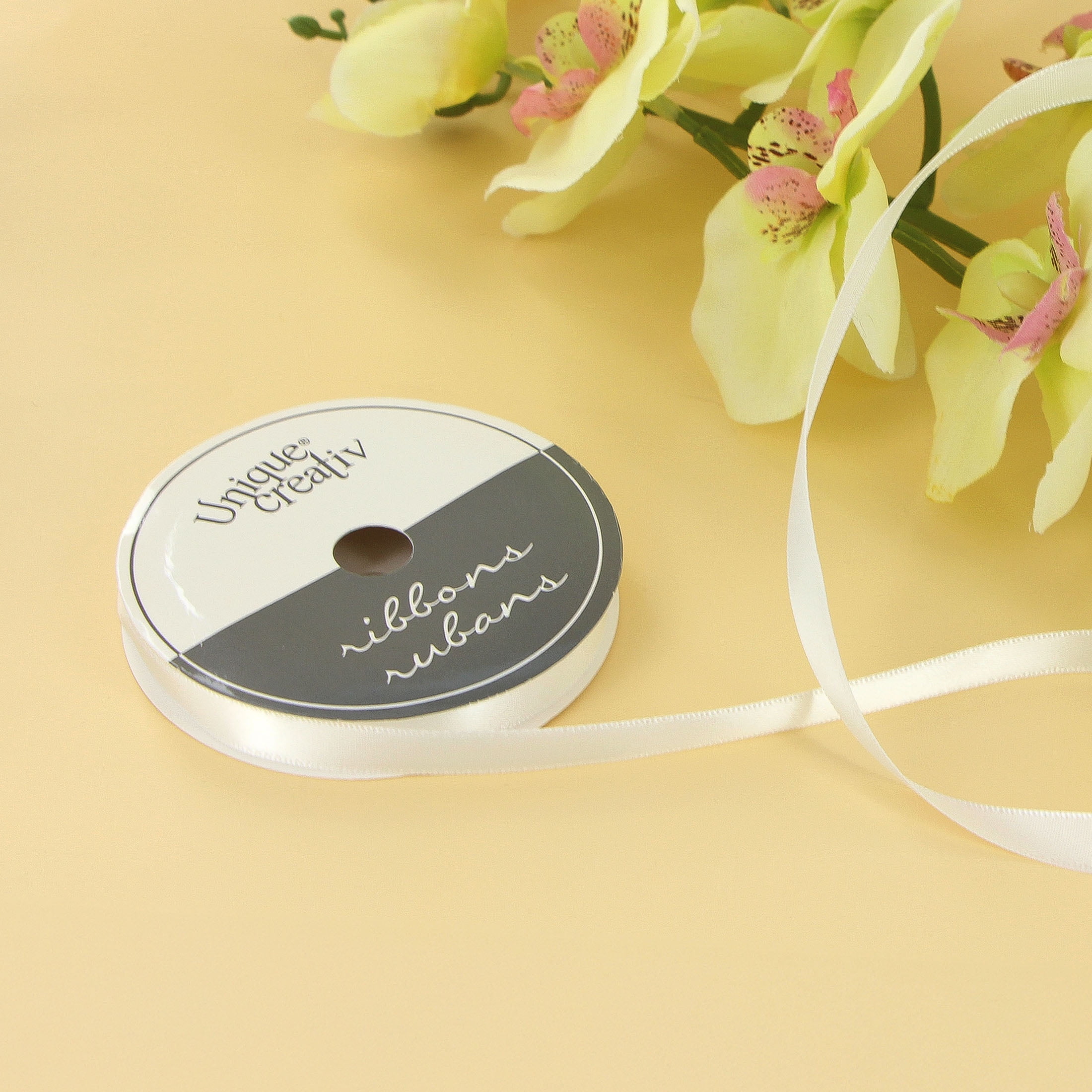 UNIQUE CREATIV, Ribbon, Single Face Satin, White, 100% polyester, 9mm x 5.5m ( ⅜" x 6 yds)