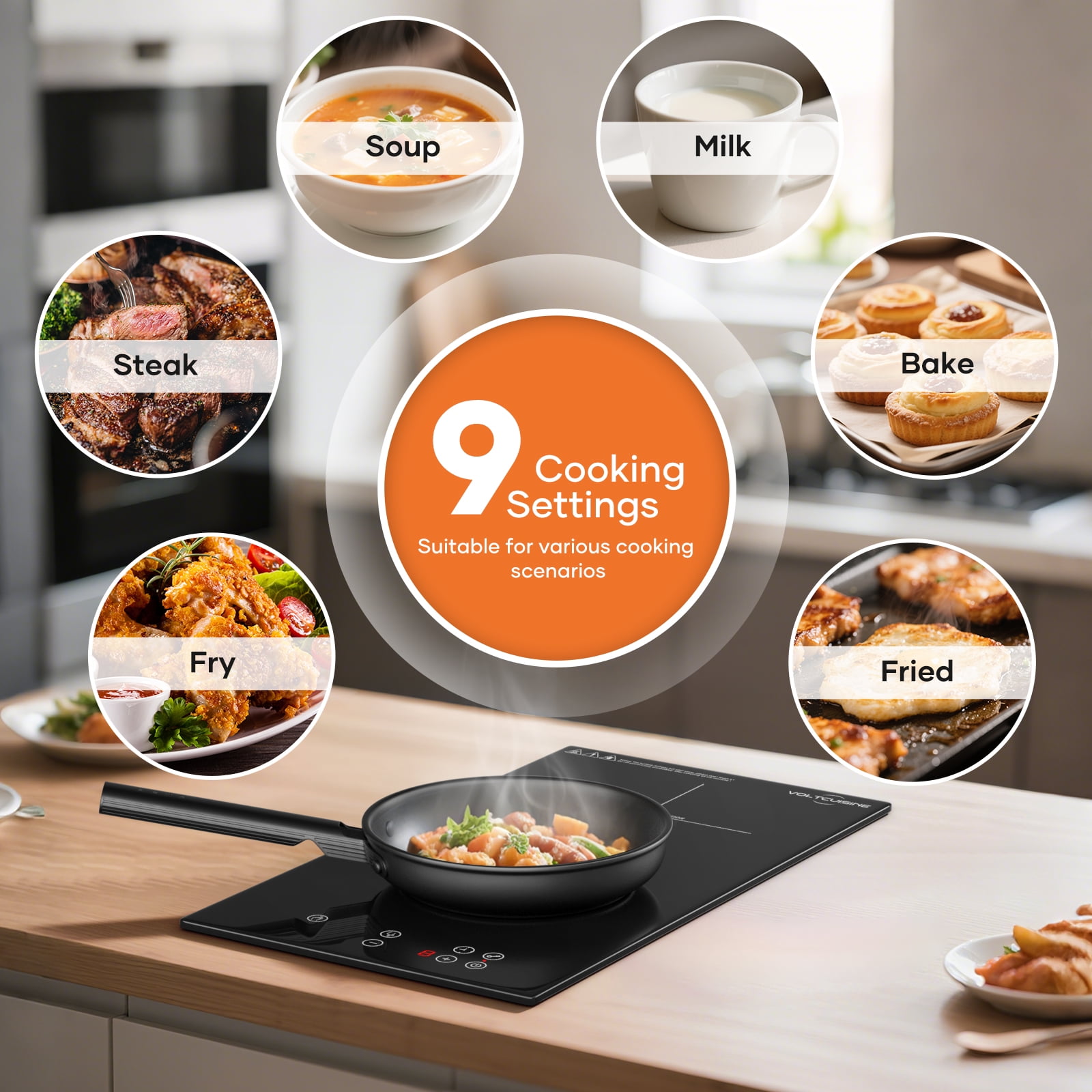 VoltCuisine Induction Cooktop 2 Burner, Shatter-proof Flat Glass Top, 9 Heat Settings, LED Touch Display with Child Safety Lock & Overheat Protection