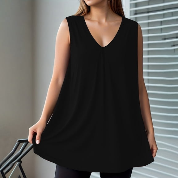 Qulqfy Solid Women Tank Tops Flowy Plus Size Sleeveless V-Neck Knit Black Casual Dressy Summer Dressy Graphic Shirts 2XL