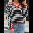 thumbnail image 4 of Suéter de Rayas de Larga para Mujer, Cuello en V, Bloque de Color, Punto Suave, Jersey de Moda y Negro XL, 4 of 10