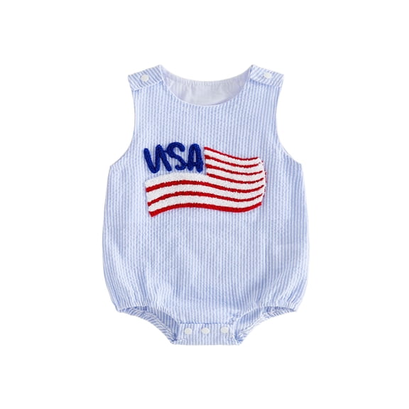 BemeyourBBs Newborn Baby Boy Girl 4th of July Outfit Patriot Independent Day Clothes Summer Bubble Romper Sleeveless Stripes Embroidery USA Flag Fourth of July Bodysuit Overalls Playsuit Jumpsuit
