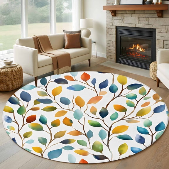 Colorful Botanical Round Area Rug 5 FT, Non Slip Bedroom Rugs, Pastoral Leaf Spring Summer Elegant Washable Soft Circular Carpet Non-Shedding Floor Mat for Kitchen Dining Room Foyer Balcony Dorm