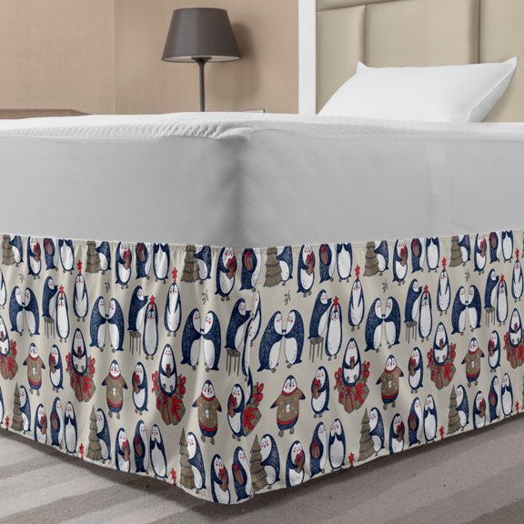 Christmas Bed Skirt, Sketchy Hand Drawn Grunge Penguins with Boxes Stars Celebration Theme, Elastic Bedskirt Dust Ruffle Wrap Around for Bedding Decor, 4 Sizes, Navy Blue White Umber, by Ambesonne