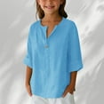 thumbnail image 3 of Avrntaa Girls Cotton Linen T-Shirt Casual Half Sleeve Tee Tops Loose Button V Neck Basic Shirts, 3 of 5