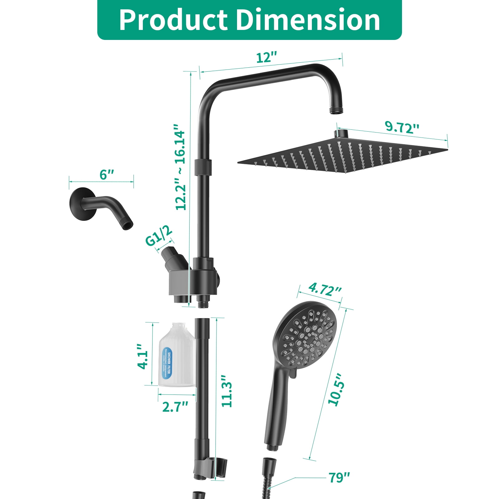 KAIYING 10-Inch Shower Head with Filtration, Rainfall & Handheld Modes, Adjustable Extension & Extra Long Hose