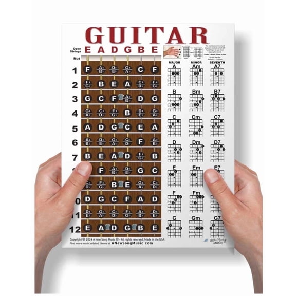 A New Song Music Laminated Guitar Fretboard and Chord Chart - Easy Instructional Poster for Beginner 8.5 x 11 Posters