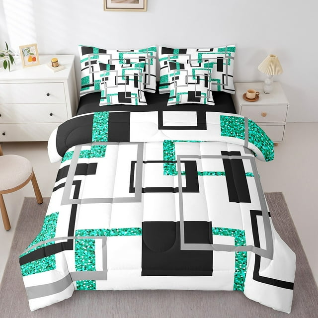 YST Ensemble de Douillette 7 Pcs Style Mi-Siècle Moderne Très Grand, Ensemble de Lit Rayé pour Enfants et Ados, Ensembles de Literie Géométriques, Ensembles de Lit Réversibles à Paillettes Sarcelle avec Ensemble de Draps Déco de Chambre