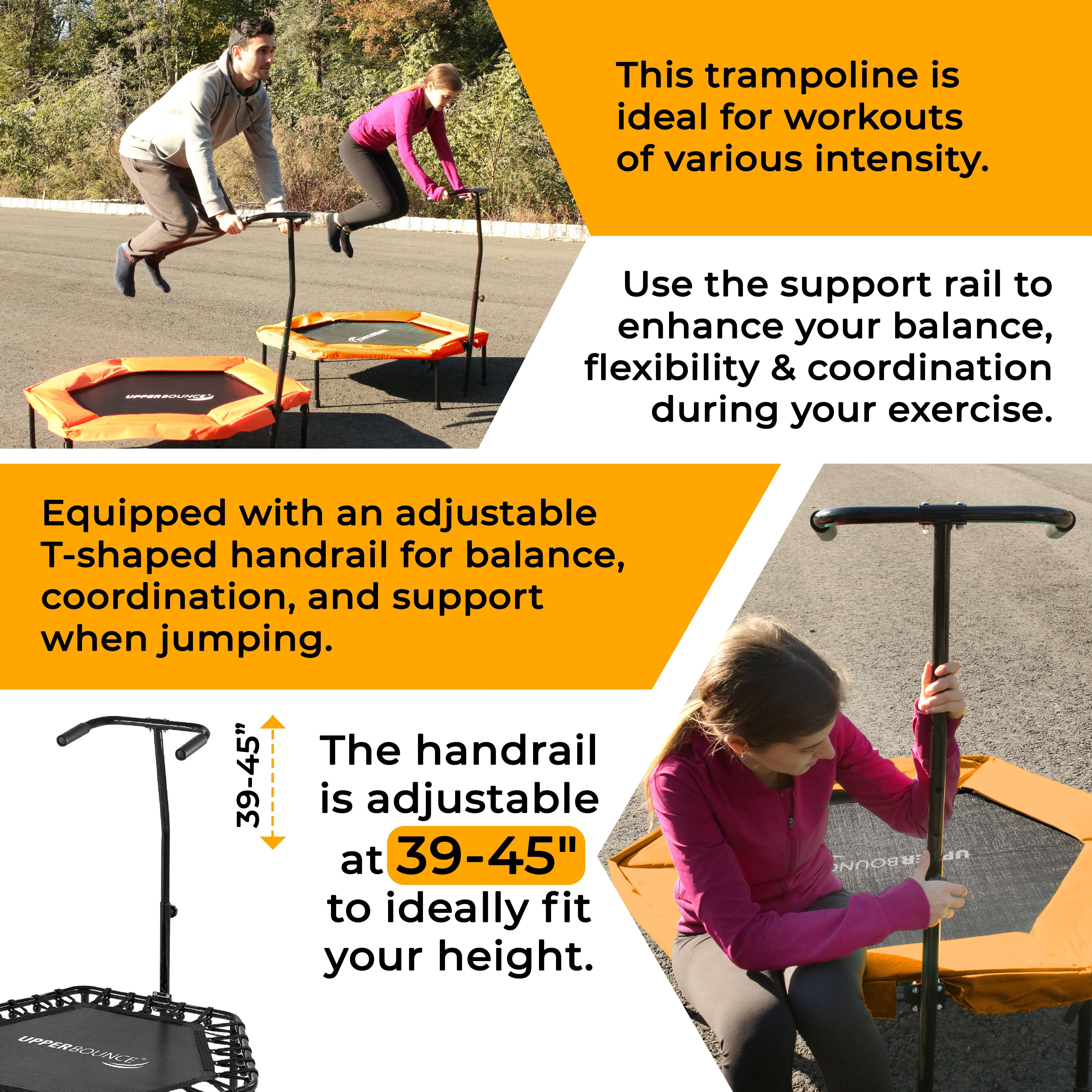 Upper Bounce 50" Mini Trampoline with Adjustable T-Shaped Handrail – Hexagonal Rebounder Fitness Trampoline for Kids & Adults - Orange