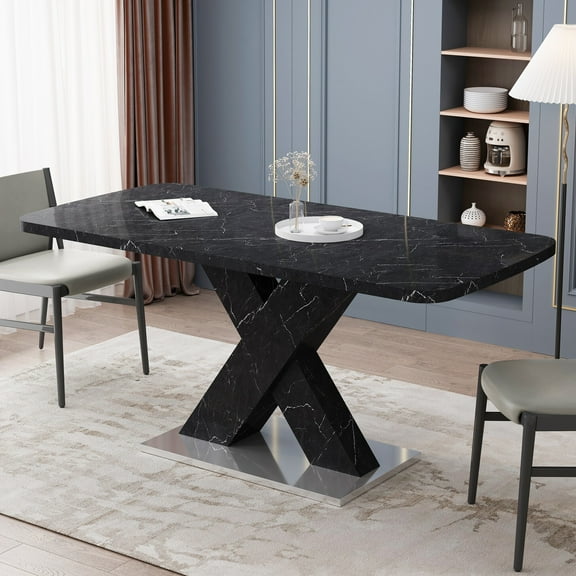 DreamBuck Modern Square Dining Table, Stretchable, Printed Black Marble Table Top MDF X-Shape Table Leg with Metal Base