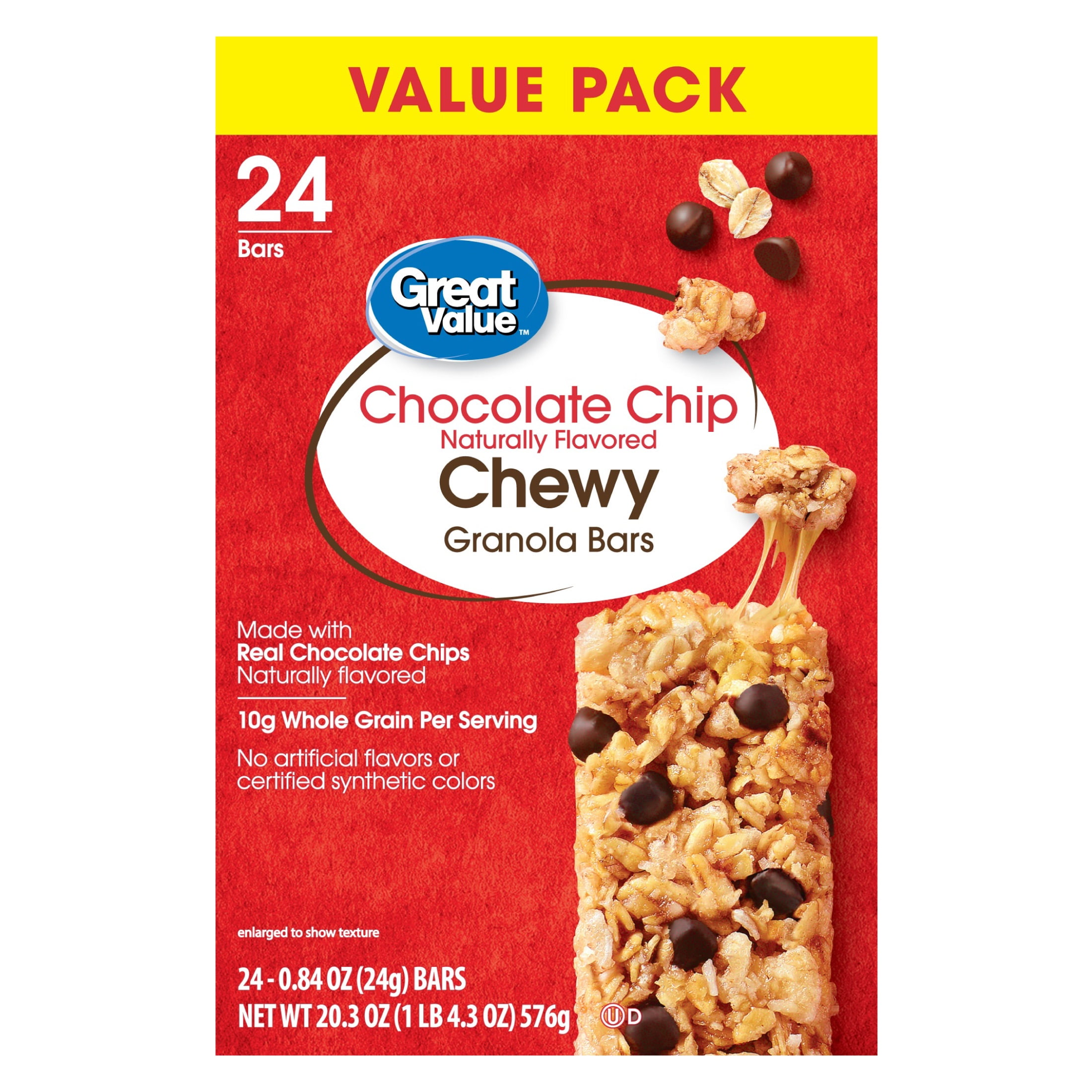 Great Value Chocolate Chip Chewy Granola Bars, Value Pack, 20.3 oz Paper Box, 24 Count