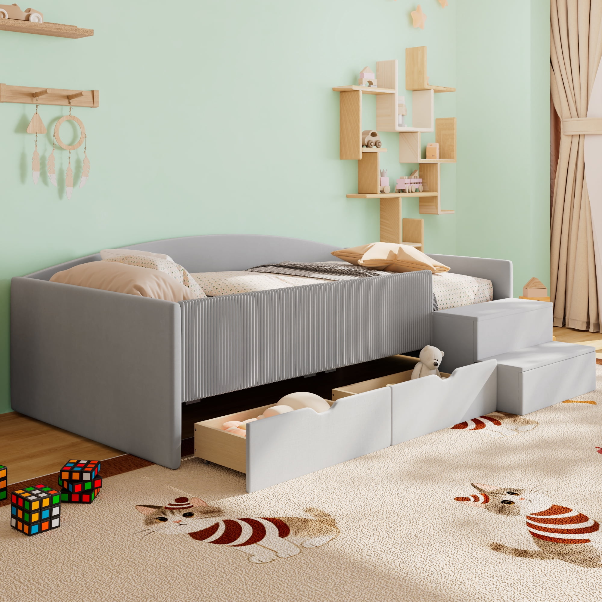 Mintazer Twin Size Upholstered Floor Daybed Frame with Safety Guardrail & 2 Storage Drawers & Stairs for Todder Kids, Gray