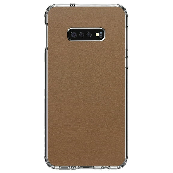 DistinctInk Clear Shockproof Hybrid Case for Samsung Galaxy S10e (5.8" Screen) - TPU Bumper, Acrylic Back, Tempered Glass Screen Protector - Brown Faux Leather Print Design - Printed Leather Image
