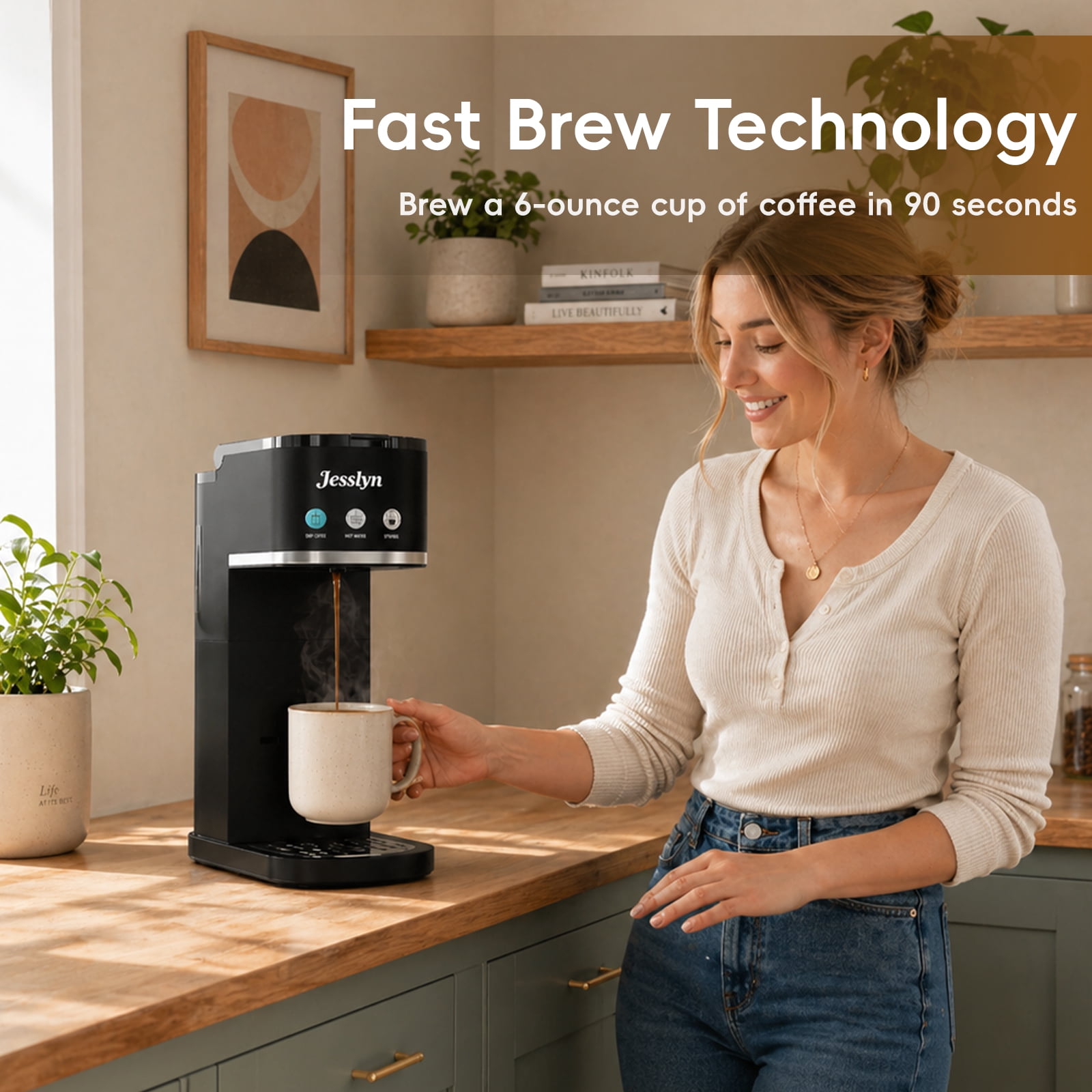 Jesslyn Single Serve Coffee Maker: Coffee Machine Compatible with K Cup Capsules & Grounds, Black