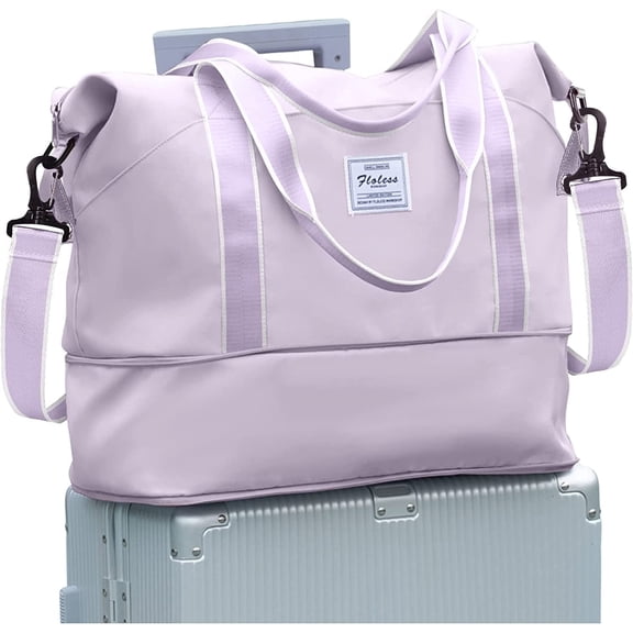 Travel Bag, Waterproof Duffel Gym Tote Bag, Weekender Carry On Overnight Bags for Women Men Approved Personal Item Bag for Airlines with Trolley Sleeve, Travel Duffel Bags, Purple White