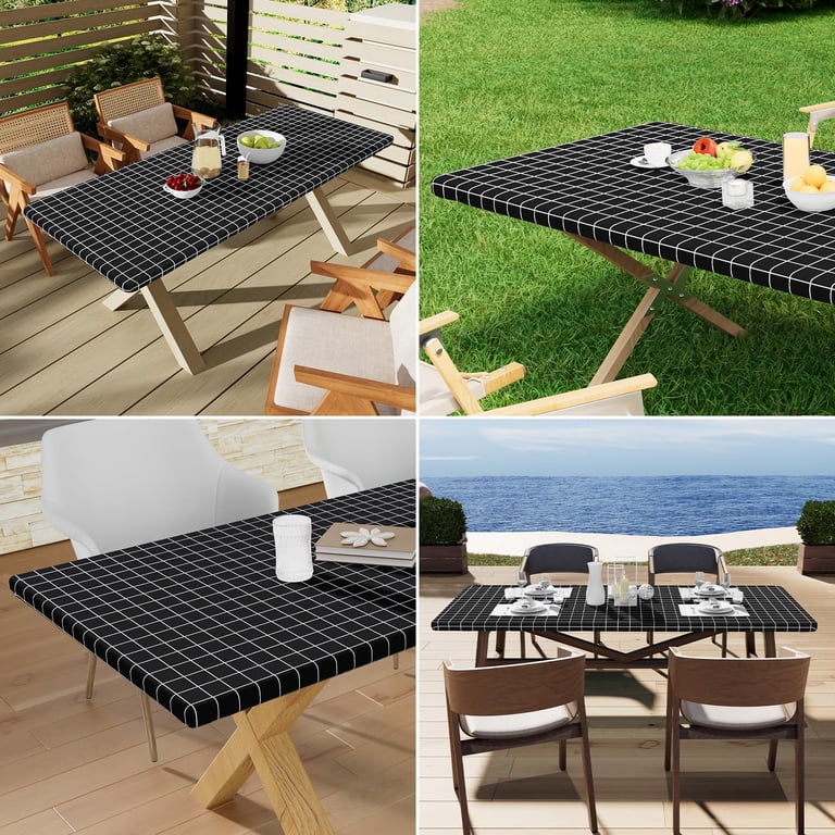 Smiry Fitted Vinyl Tablecloth, Black Check, 30x72in photo 8