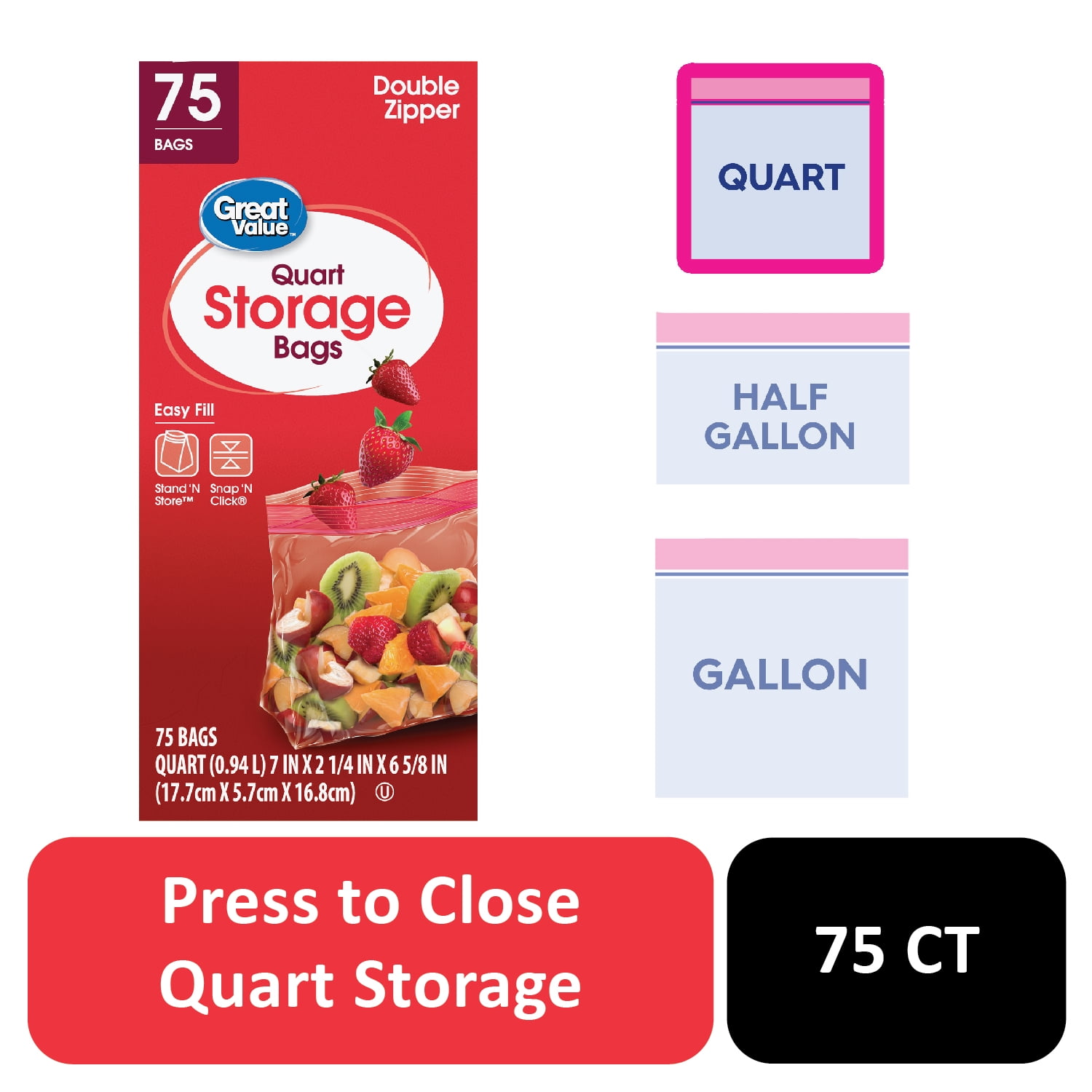 (3 pack) Great Value Fresh Seal Double Zipper Storage Bags, Quart, 75 Count