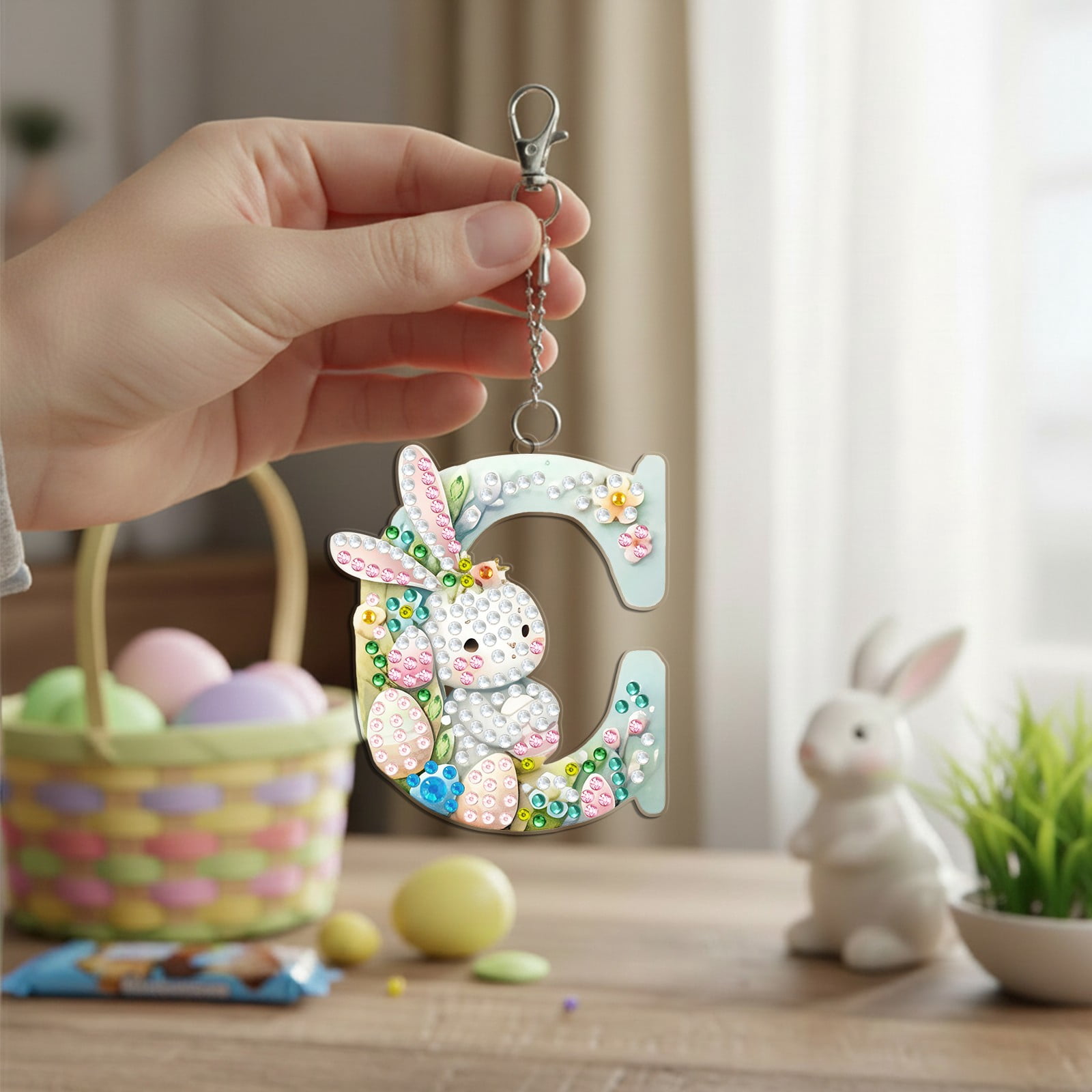FLOPESN DIY Diamond Art Painting Easter Bunny Egg Letters Acrylic Keychain,Creative Design Double-Sided Diamond Craft For a gift to Friend Family-C