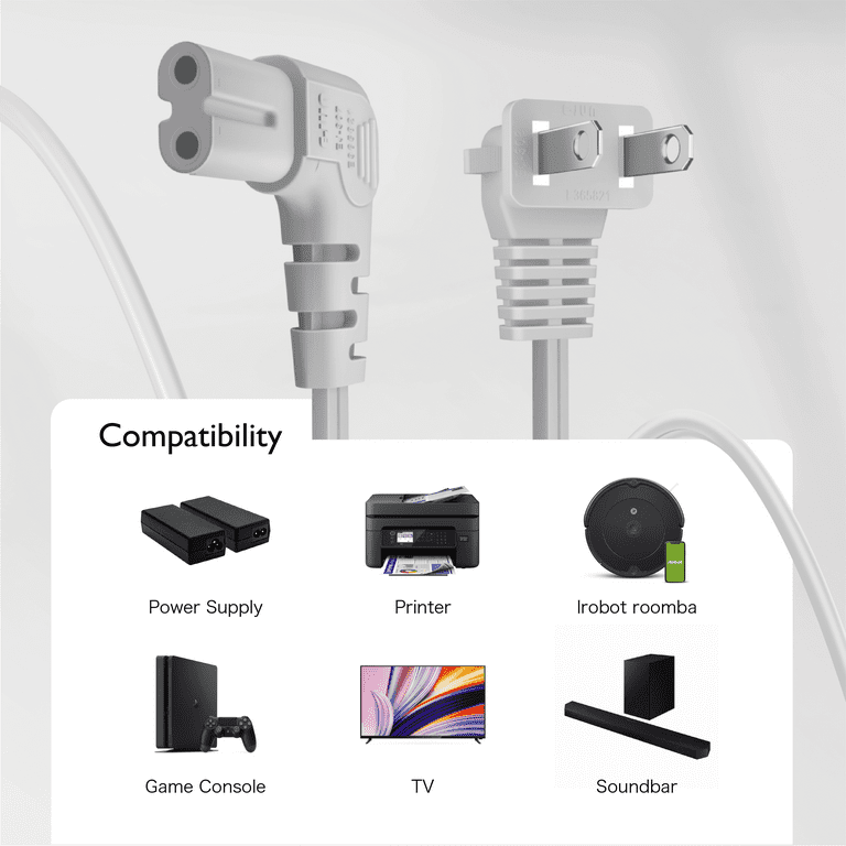 Prong Power Cord NEMA 1-15P to IEC320 C7 Right Angle Power Cable