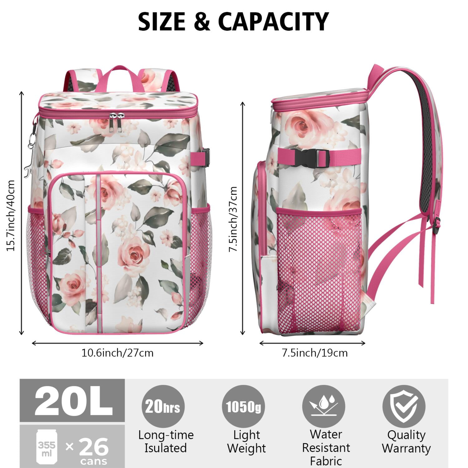 Travel Cooler Bag - Pioneer Flower Floral Print Pattern Camping Beer Cooler Backpack with Bottle Opener- Waterproof Insulated Picnic Backpacks - Cooler Bag for Beach