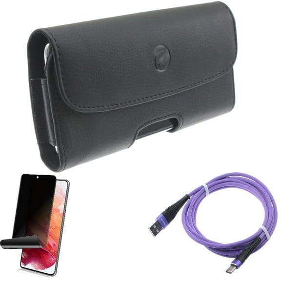 Case Belt Clip w Privacy Screen Protector w 10ft USB Cable for Samsung Galaxy S21 Plus - Leather Holster, TPU Film Fingerprint Works, Purple Type-C Accessory Bundle