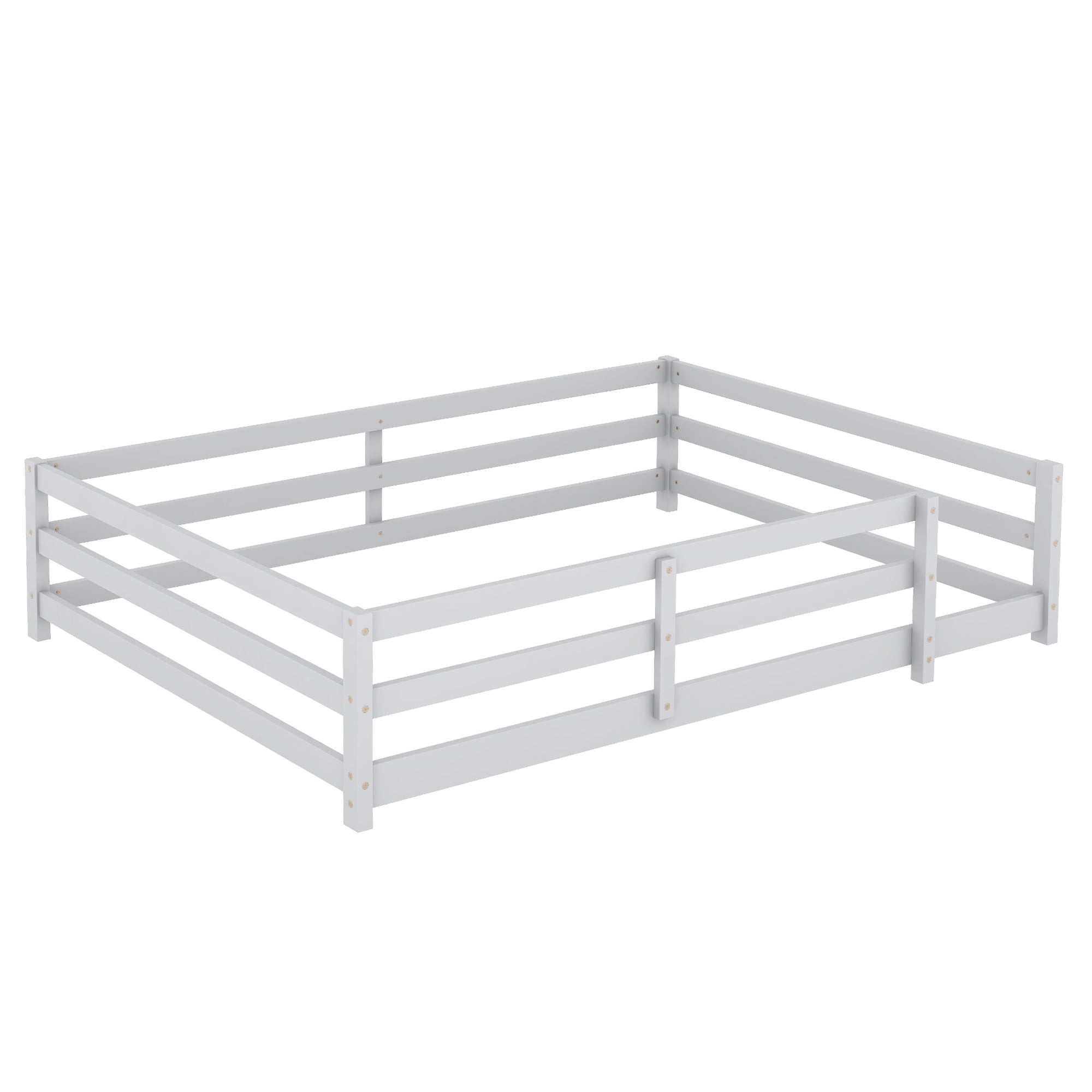 Floor Bed, Full Size Montessori Bed Frame, Wood Floor Bed with Fence and Guardrails, No Box Spring Needed, Grey Wood Finish